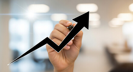 Confident professional draws upward trending arrow on glass, symbolizing business growth and success in a modern office.