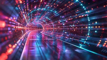 Fototapeta premium Illuminating data tunnel with vibrant lights, symbolizing digital innovation and technological advancement. A striking visual representing the flow of information and connectivity in the digital age.
