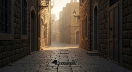 Enchanting cobblestone alleyway bathed in warm golden sunlight, evoking a timeless, mysterious atmosphere perfect for historical narratives or travel inspiration.