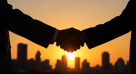 Professional handshake silhouetted against a vibrant sunset over a city skyline, symbolizing partnership and success.