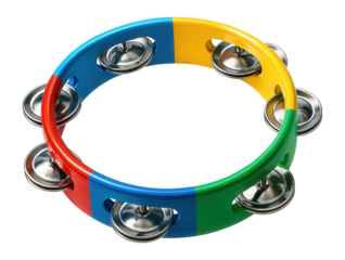 A colorful tambourine with jingles, perfect for adding rhythm in any music space.