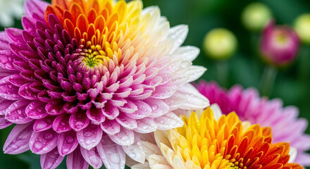 Vibrant chrysanthemums with dew drops.