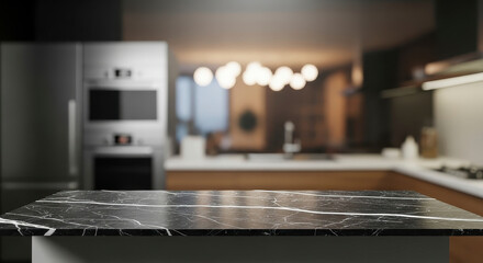 Modern kitchen with sleek marble countertop.