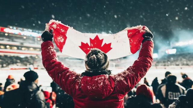 Passionate fans cheer for Canada at a winter sports event in snow