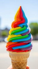 Vibrant rainbow swirl ice cream cone.