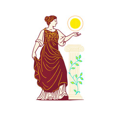 Mythological Goddess Figure Holding Sun with Ancient Roman Column