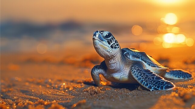 a newborn sea turtle makes its way across the beach towards the ocean during a picturesque sunset. the baby turtle’s journey symbolizes life, hope, and new beginnings