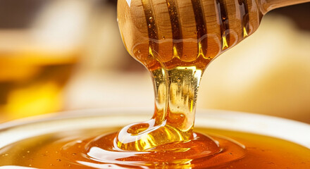 Rich golden honey dripping from a wooden dipper into a pool, showcasing pure sweetness and natural goodness for culinary delights.