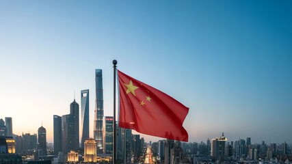 China's Flag waving proudly over Shanghai's vibrant skyline at twilight, showcasing economic growth and national pride in bustling urban center - Powered by Adobe