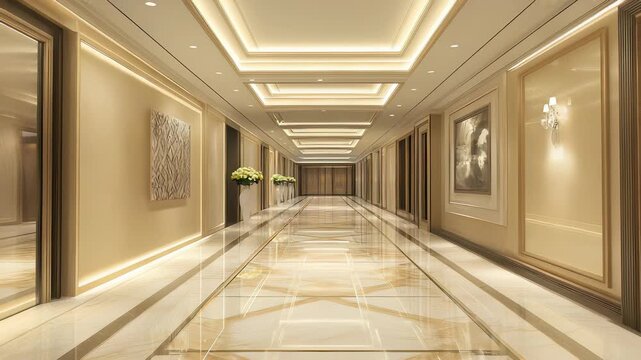 Elegant Long Hallway Interior with Marble Floors, Decorative Walls, Recessed Lighting, Artwork, and Flower Vases in a Luxurious Setting