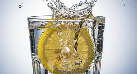 Vibrant lemon slice splashing into clear fizzy water creating refreshing bubbles and dynamic droplets for a cool beverage concept