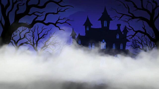 Eerie night scene with a mysterious mansion emerging from dense fog, framed by haunting silhouetted trees under a moonlit sky