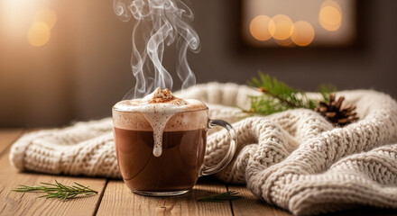 Cozy steaming hot chocolate topped with whipped cream and cinnamon, perfect for a warm winter evening by the fireplace.