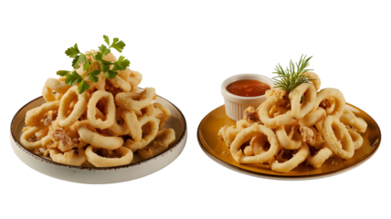 Delicious crispy fried calamari served fresh with zesty dipping sauce ready for restaurant menus and food blogs