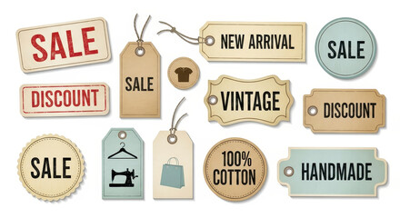 Collection of vintage sale and discount tags.