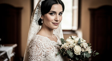 Elegant bride holding a white bouquet indoors.