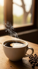 Steaming coffee cup with latte art.