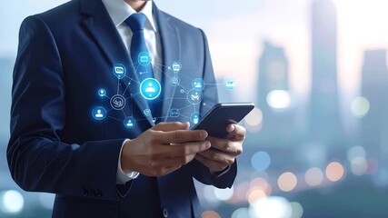 Man in suit holds phone displaying glowing network icons over blurred city lights - Powered by Adobe