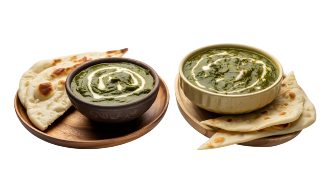 Authentic saag paneer bowls with naan bread tempt with flavorful Indian cuisine ready to be devoured today
