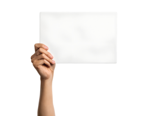 An arm and hand raise a clear blank white rectangular sign or paper upward, perfect for your custom message, transparent, isolated png.