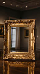 Ornate golden frame in elegant art gallery.