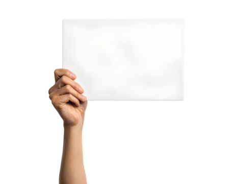 An arm and hand raise a clear blank white rectangular sign or paper upward, perfect for your custom message, transparent, isolated png.