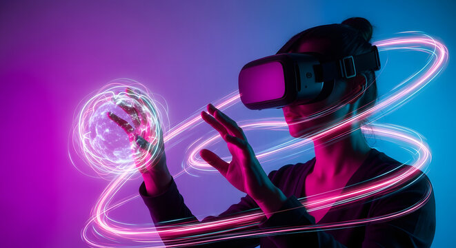 Woman immersed in virtual reality with headset and glowing orb, experiencing digital world and futuristic technology for entertainment