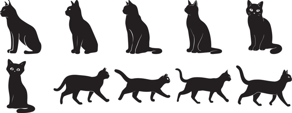 A Group of Black cat silhouette sitting vector illustration flat design