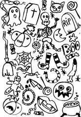 Playful Halloween doodle chaos: ghosts, skeletons, candy, spiders and &ldquo;BOO&rdquo; &mdash; all in messy black-and-white sketches. Perfect for coloring pages, party invites or spooky fun.