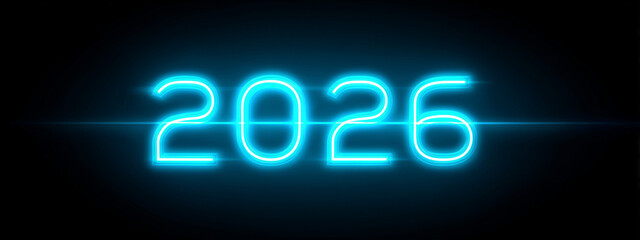 Happy New Year 2026: Minimalist Futuristic Neon Blue Design. Abstract digital background, glowing electric light text for technology innovation, celebration poster, banner, or modern greeting card