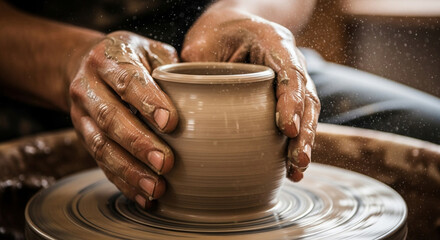 Master potter's skilled hands shape clay on spinning wheel, creating beautiful vessel with water droplets flying