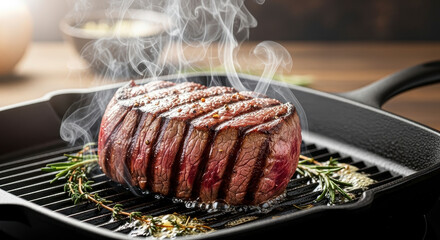 Juicy steak sizzling on a grill pan.