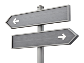 This isolated transparent png image features a simple gray wooden direction signpost pointing left and right, symbolizing decision and different paths.