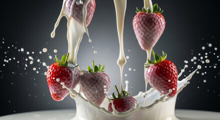 Juicy strawberries splashing into creamy milk creating a refreshing and decadent dessert experience