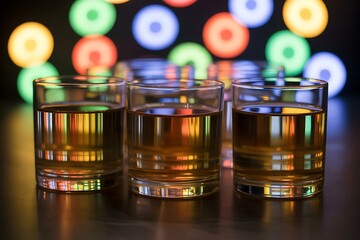 Three glasses of whiskey on a table with colorful bokeh background