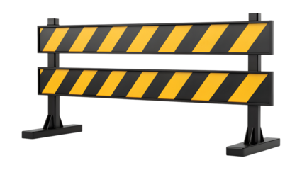 A safety barrier with yellow and black diagonal stripes stands. This isolated warning object is presented as a transparent PNG image file.