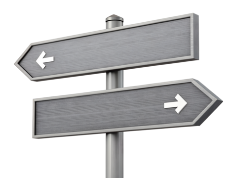 This isolated transparent png image features a simple gray wooden direction signpost pointing left and right, symbolizing decision and different paths.