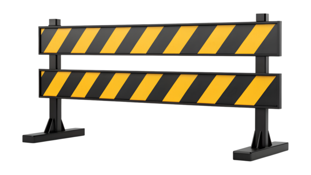 A safety barrier with yellow and black diagonal stripes stands. This isolated warning object is presented as a transparent PNG image file.