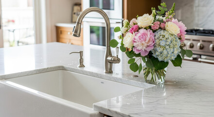 Elegant marble kitchen with colorful flowers.