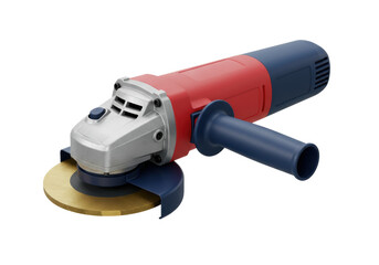 Red and blue angle grinder with golden disc isolated, power tool for cutting and grinding metal or stone PNG