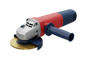 Red and blue angle grinder with golden disc isolated, power tool for cutting and grinding metal or stone PNG