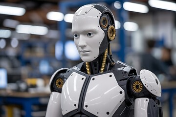 A humanoid robot with a white face and black and white body stands indoors