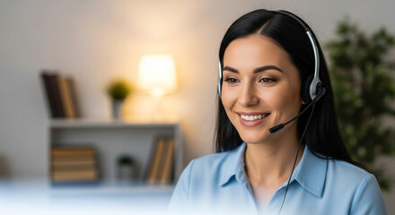 Professional businesswoman with headset confidently assisting clients with a warm smile, embodying excellent customer service and support.