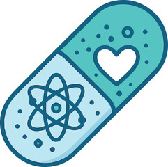 Modern pill icon with heart and atom symbols for health, science, and love, a positive, professional design for wellness and medical fields