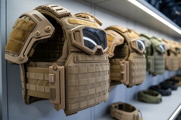 A row of tactical vests on display, ready for action and protection
