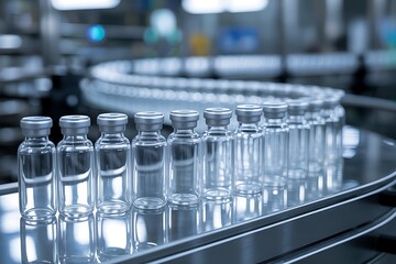 Glass vials moving on a conveyor belt in a pharmaceutical manufacturing plant