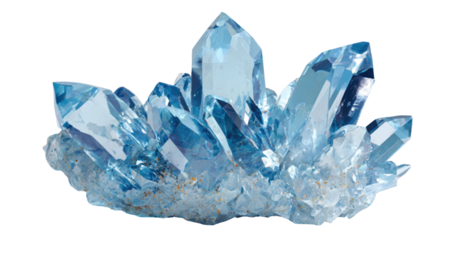 a cluster of ice blue crystals with sharp edges and facets isolated on white background
