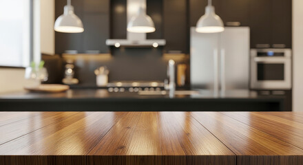 Modern kitchen with wooden countertop.