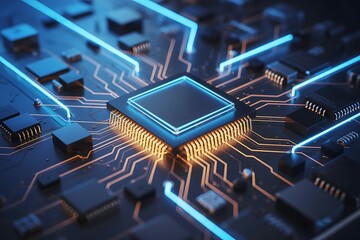 Detailed computer chip with blue and orange light trails on circuit board
