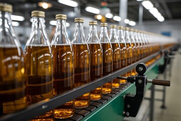 Bottles of beer moving along the assembly line in a bottling factory